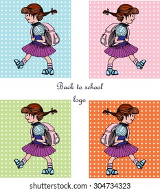 Vector logos with cute girls go back to school. Vector hand drawn illustration of small girls in uniform isolated on multicolor  background
