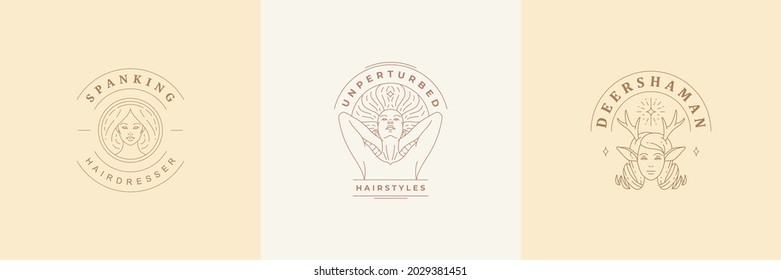 Vector logos and emblems design templates set with magic woman faces illustrations simple minimal line style. Outline symbols for cosmetics and packaging or beauty products branding
