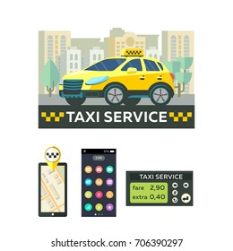Vector logos, emblems taxi service. Mobile app taxi. Taxi service. Set of icons for mobile app. A taximeter.