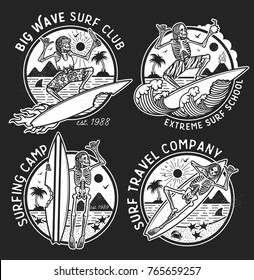 Vector Logos Illustration with Skeleton Surfers. Set of Vintage Surfing Emblems for web design or print. Surfer logo templates. Surf Badge. Surfboard elements.