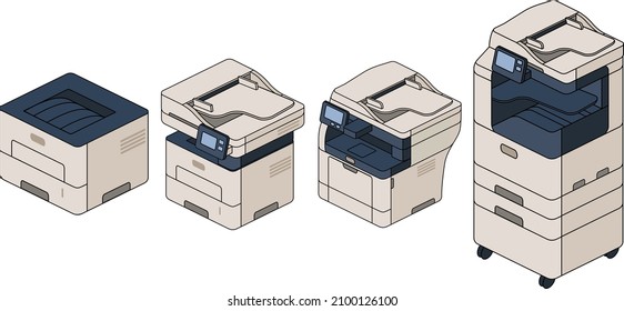 Vector logos of isometric office MFPs. Printer icons for the network