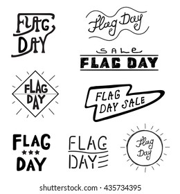 Vector logos and labels Flag day of the United States, 4th of July greeting card with hand drawn lettering typography isolated.