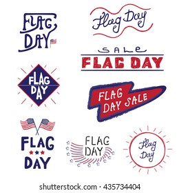 Vector logos and labels Flag day of the United States, 4th of July greeting card with hand drawn lettering typography isolated.
