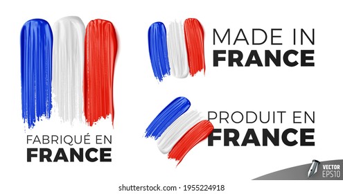 Vector logos on white background : "Fabriqué en France", "Made in France", "Produit en France"