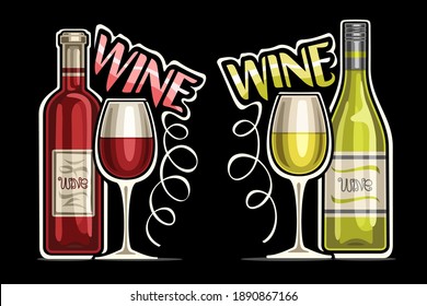 Vector logos for Red and White Wine, outline illustrations of classic wine bottles with decorative label and half full cartoon glasses, unique lettering for pink and green word wine on dark background