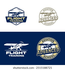 The vector logos represents an aviation school or flight training, featuring a airplane silhouette in flight. The design incorporates dynamic angles, symbolizing movement, precision, and progress.