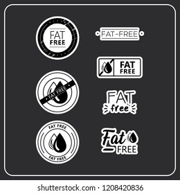 Vector logos stickers for products. Stickers fat free for product packaging. Fat-free drawn isolated sign icon set. Product allergen labels.