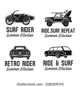 Vector logos with various cars and texts on white background
