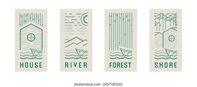 vector logos for village community, forest, house, shore, boat, mountains