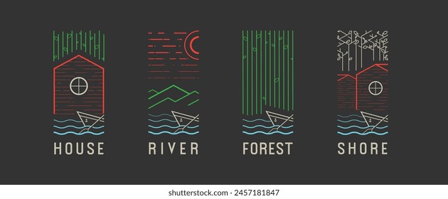 vector logos for village community, forest, house, shore, boat, mountains. multicolored simple logos on a dark background