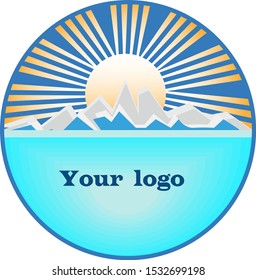 Vector logo-Tourism. Image of mountains, sun and blue lake. For travel companies, background, decoration.