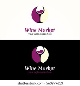 Vector logotype for alcohol market on white and black background. Can be used for  the menu, bar, restaurant, wine shop. Illustration of of a glass of wine. Winery label.
