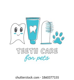 Vector logotype for animal dental services. Hand drawn icons - toothpaste, tooth, pet toothbrush and paw. Emblem with text, isolated on white background