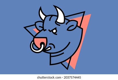 Vector Logotype of Black Line Bull Head on Color Background. Line Art Flat Style Design of Logo of Angry Animal Bull with Ring and Horns