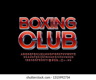 Vector logotype Boxing Club with Metallic and Red Font. 3D Silver Alphabet Letters, Numbers and Symbols