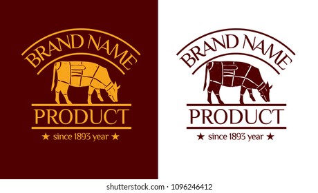 Vector logotype (brand identity) with badge. Drawing illustration with with cows. Can be used for package design.