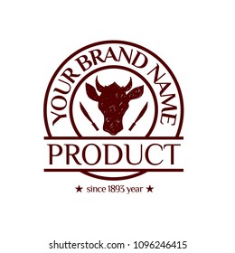 Vector logotype (brand identity) with badge. Drawing illustration with with cows. Can be used for package design.