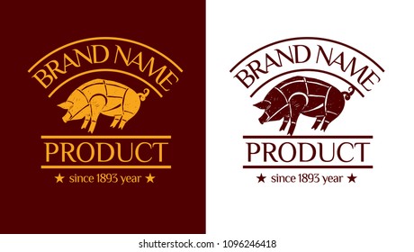 Vector logotype (brand identity) with badge. Drawing illustration with with pig. Can be used for package design.