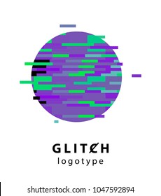 Vector logotype of circle made of colorful pixels with glitch effect.