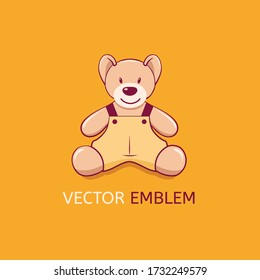 Logotipo vectorial con oso de peluche lindo sonriente sobre fondo naranja. Emblema de dibujos animados coloridos para juguete.