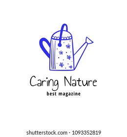 Vector logotype, decorative illustration with watering can and text.