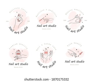 Vector logotype design for nail art studio. Modern design for manicure and pedicure salon beauty and spa center. Linear collection isolated on white background.