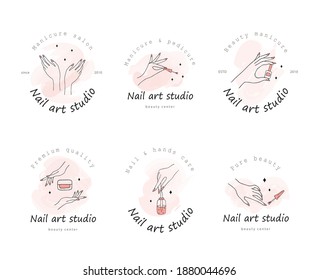 Diseño de logotipo vectorial para estudio de arte de uñas. Diseño moderno para la manicura y el salón de pedicura y centro de bienestar. Colección lineal aislada en fondo blanco.