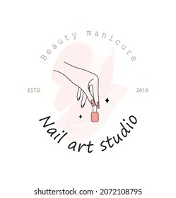 Vector logotype design for nail art studio. Modern design for manicure and pedicure salon beauty and spa center. Linear icon isolated on pink watercolor background.