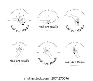 Diseño de logotipo vectorial para estudio de arte de uñas. Diseño moderno para la manicura y el salón de pedicura y centro de bienestar. Colección lineal aislada en fondo blanco.