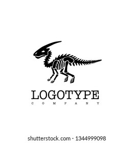 Vector logotype dinosaur skeleton parasaurolophus isolated on white background. Black silhouette.