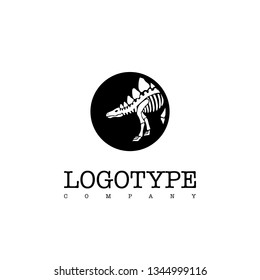 Vector logotype dinosaur skeleton stegosaurus isolated on white background. Silhouette in a black circle.