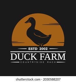 vector logotype of duck farm with silhouette of duck isolated in dark background. vintage logo illustration