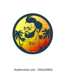 Vector logotype, emblem with big sun and face of man with palms, beard, sunglasses and ribbon, vector illustration isolated on white background