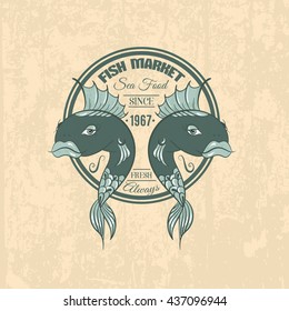 Vector logotype of fish market with fishes in circle. Template for business card, poster and banner made in cartoon style.Print for t-shirt, sweatshirt, bag.