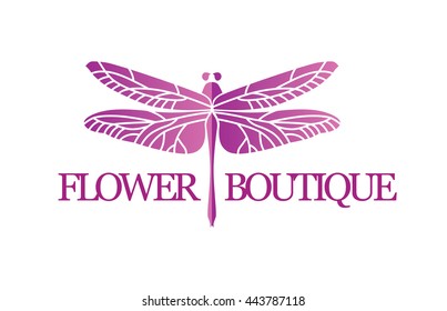 Vector logotype for flower shop, boutique, store, jewelry. Gradient beautiful elegant dragonfly silhouette at white background. 