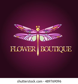 Vector logotype for flower shop, boutique, store, jewelry. Gradient beautiful elegant dragonfly silhouette at white background. 
