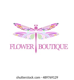 Vector logotype for flower shop, boutique, store, jewelry. Gradient beautiful elegant dragonfly silhouette at white background. 