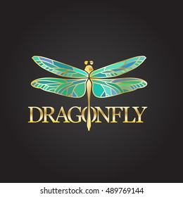 Vector logotype for flower shop, boutique, store, jewelry. Gradient beautiful elegant dragonfly silhouette at white background. 