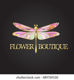 Vector logotype for flower shop, boutique, store, jewelry. Gradient beautiful elegant dragonfly silhouette at white background. 