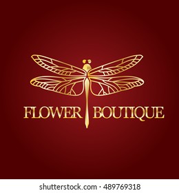 Vector logotype for flower shop, boutique, store, jewelry. Gradient beautiful elegant dragonfly silhouette at white background. 