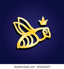 Vector logotype. Golden bee queen logo with the crown on its head on blue background. Great logotype for food company, jewelry shop, education.