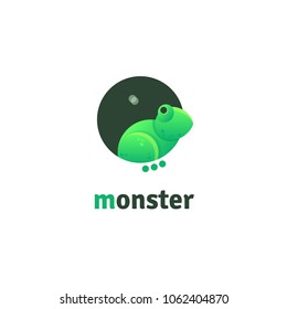 Vector logotype of green frog and fly. Cartoon frog logo for company or project.