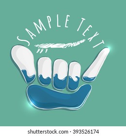 vector logotype illustration Summer surfing day design. Surfer party  banner - shaka sign. 