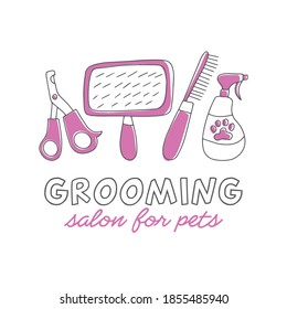 Vector logotype, isolated on white background. Hand drawn icons - claw cutters, comb, brush and spray. Text - grooming salon for pets