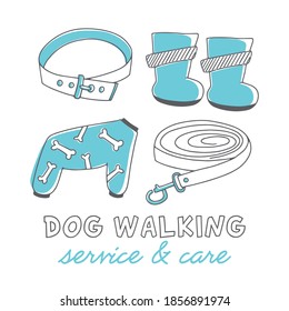 Vector logotype, isolated on white background. Hand drawn icons - leash, collar, overalls and boots for dogs. Text - dog walking service and care
