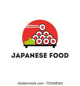Vector Logotype for Japanese restaurant or cafe. Sticks hold roll with red fish (salmon) on red background