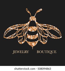 Vector logotype for jewelry boutique, store, shop. Elegant glittering bumblebee silhouette at black background. Outline of bee. Can be used for postcard, print, logo, poster, label.