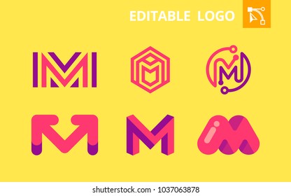 Vector logotype letter M editable colorful set for Business corporate. Futuristic abstract geometric and rounded logos