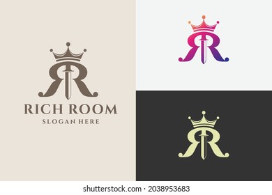 vector logotype letter R with crown graphic logo design template. rich room poker, luxurious apartment logo design