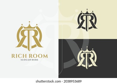 vector logotype letter R with crown graphic logo design template. rich room poker logo design